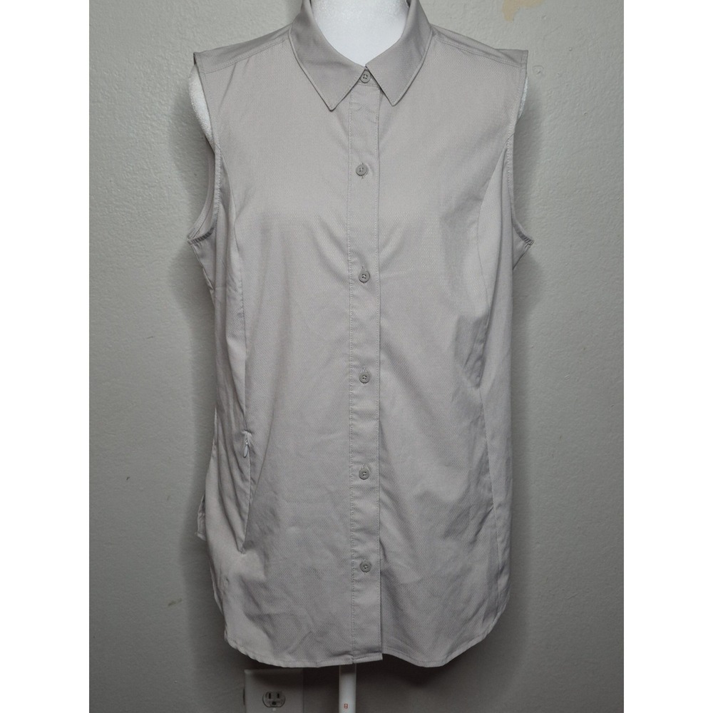 Eddie Bauer Womens Medium Sleeveless Tech Shirt Beige Button Front‎ Minimalist